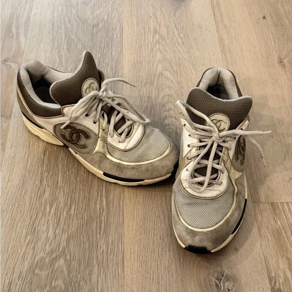 CHANEL Gray and White CC Logo Chunky Athletic Sneakers